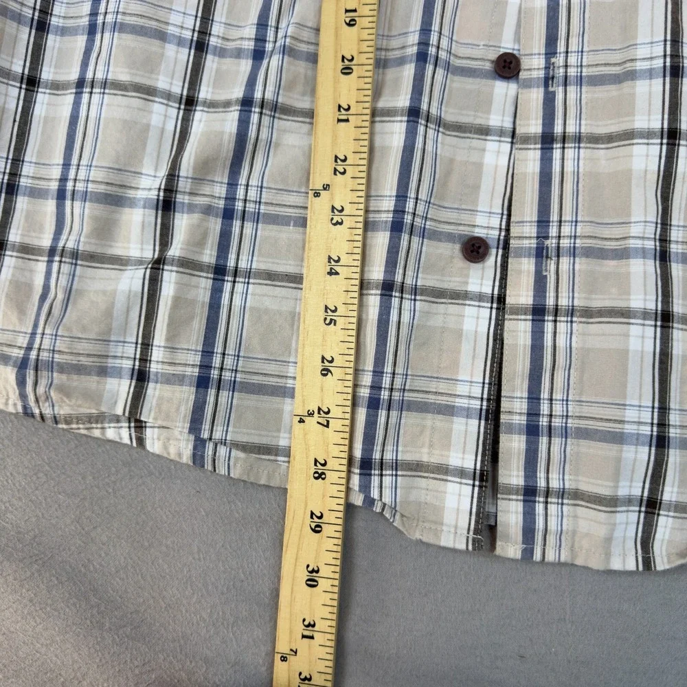 Wrangler Authentics Shirt Men's Large Tan Blue‎ Plaid Button Down Short Sleeve
